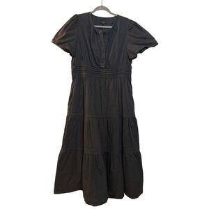 Quince Tiered Maxi Dress Womens XL Black Organic Cotton Smocked Puff Sleeve